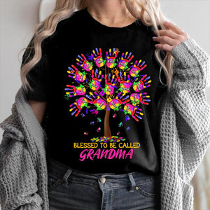 Personalized Colorful Hand Print Tree Blessed to Be Called Grandma Kid Name T-shirt