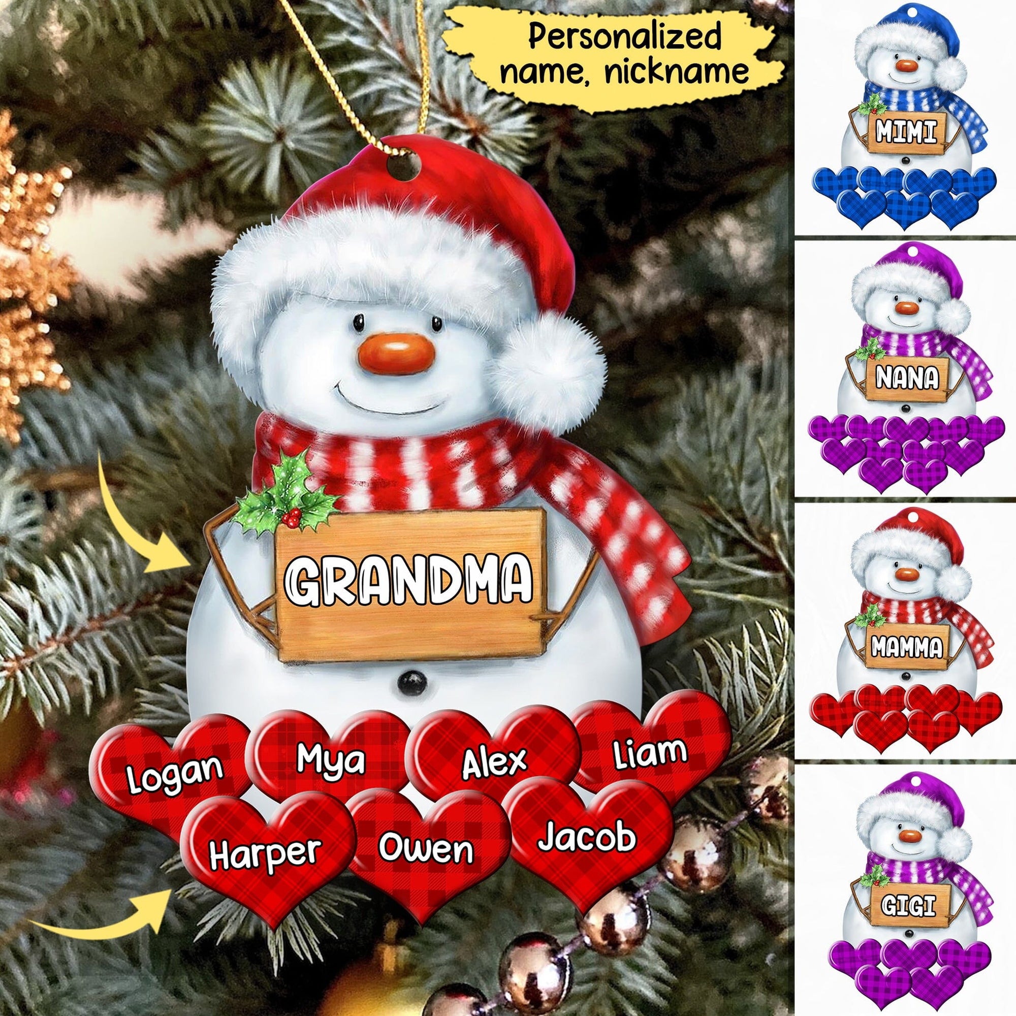 Personalized Christmas Snowman Grandma Mom Little Heart Kids Ornament
