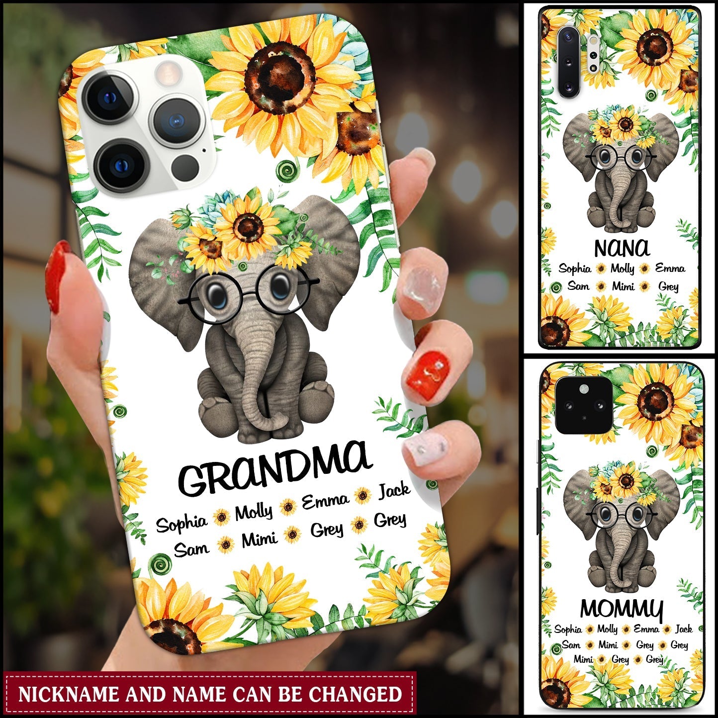 Personalized Grandma Mom Elephants Sunflower Phone case
