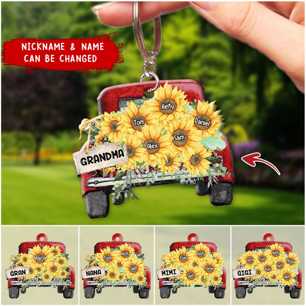 Personalized Grandma Mom With Kids Sunflower Red Truck Keychain