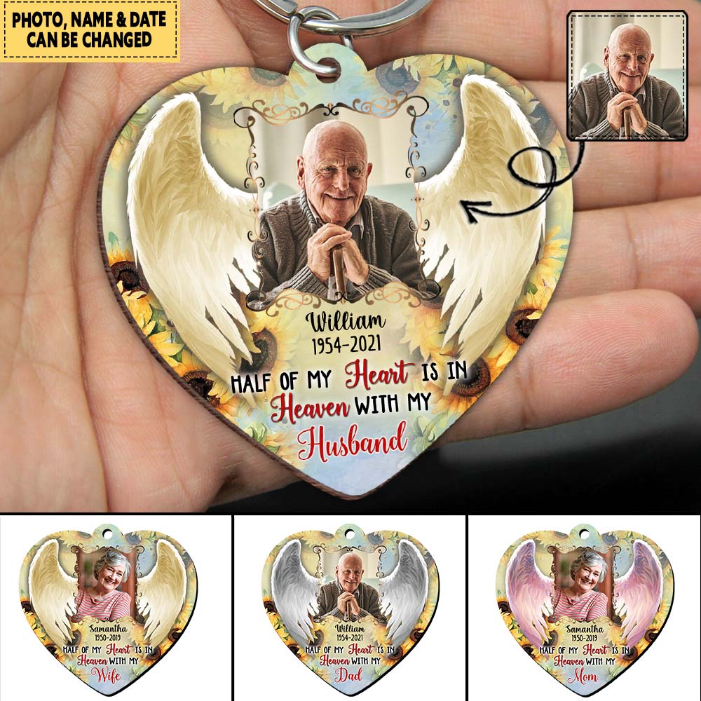 Personalized Half Of My Heart Is In Heaven Family Friends Memorial Heart Keychain