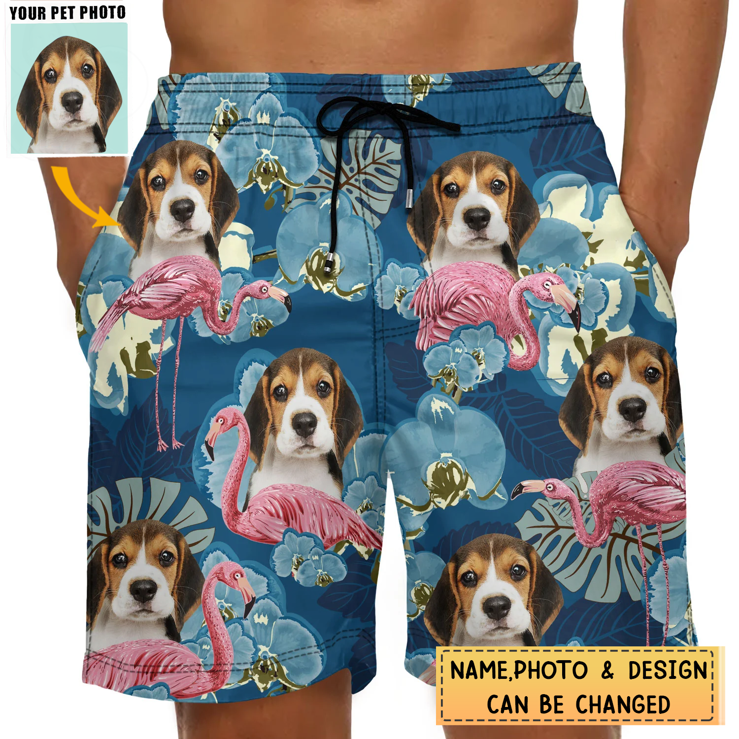 Custom Photo Funny Family Pet Face Flamingo - Funny Gift For Pet Lovers- Personalized Unisex Beach Shorts