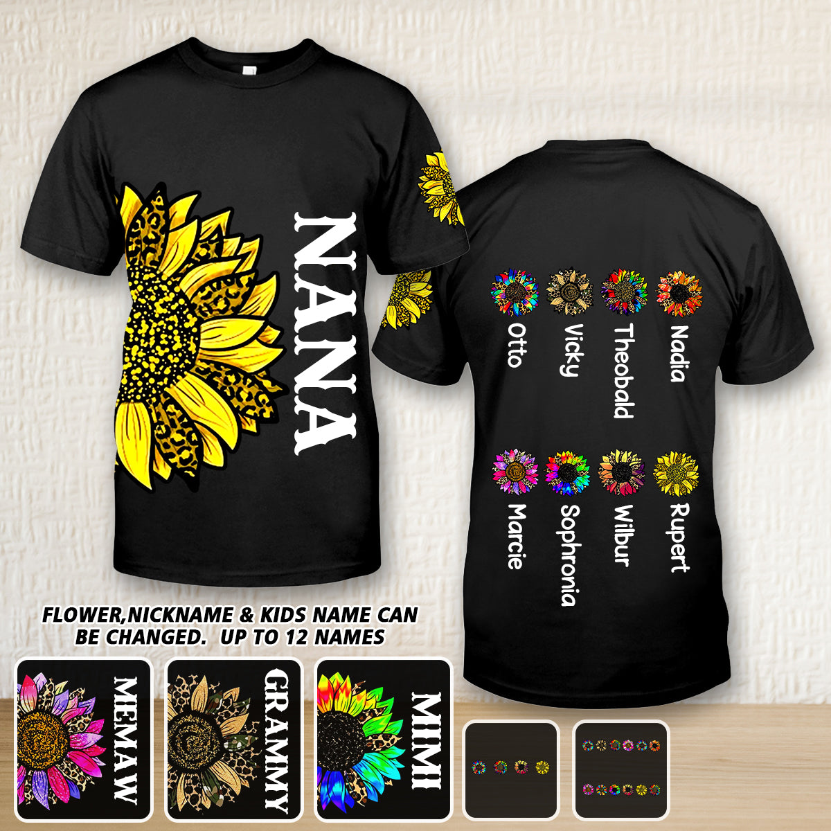 Personalized Colorful Grandma & Flowers with Kid's Name T-shirt