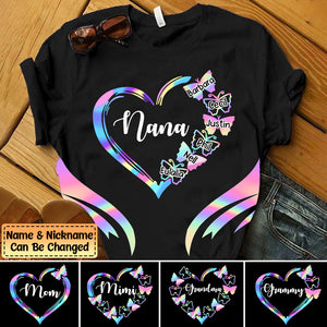 Personalized Holographic Butterfly Heart Grandma/Mom Kids T-Shirt
