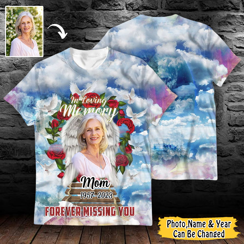 Heaven Rose Doves Blue In Loving Memory Forever Missing You Memorial Upload Photo Personalized T-shirt