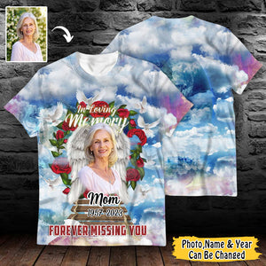 Heaven Rose Doves Blue In Loving Memory Forever Missing You Memorial Upload Photo Personalized T-shirt