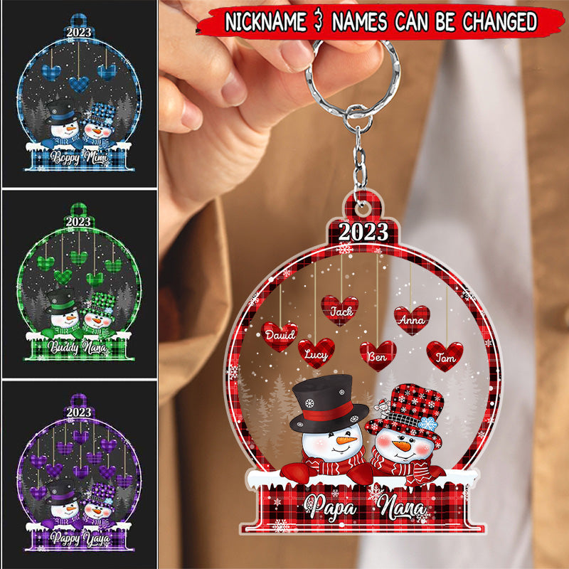 Sparkling Christmas Snowman Papa Nana Dad Mom Heart Kids In Snowball Personalized Keychain