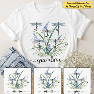 Personalized Dragonfly Grandma Mom Auntie with Grandkids T-shirt