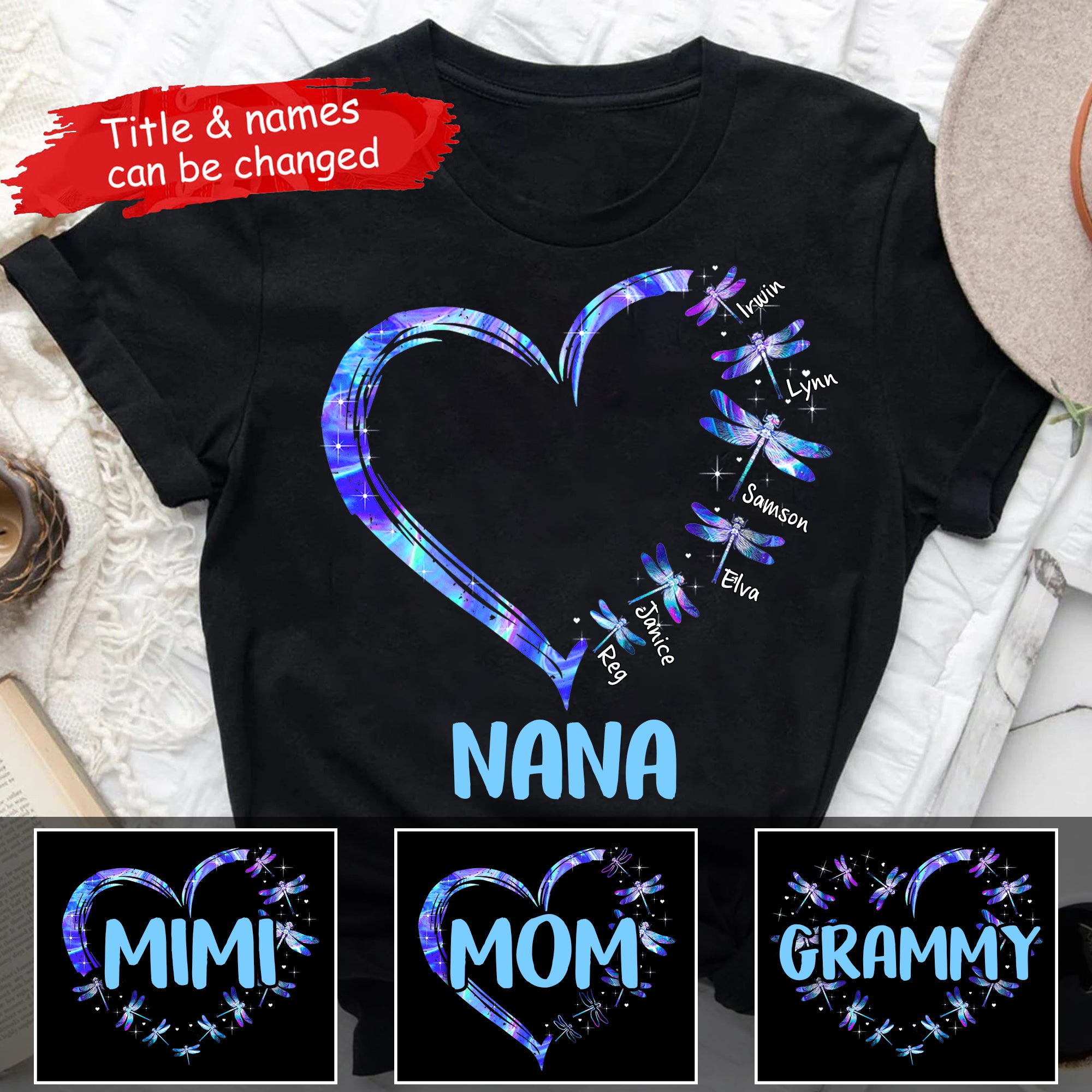 Personalized Heart Dragonfly Grandma/Mom Kids T-shirt