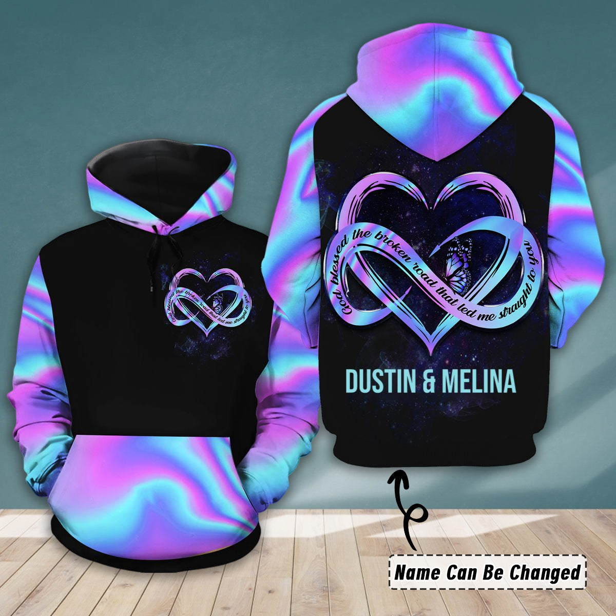 Personalized God Blessed Hologram Infinity Heart Couple Hoodie