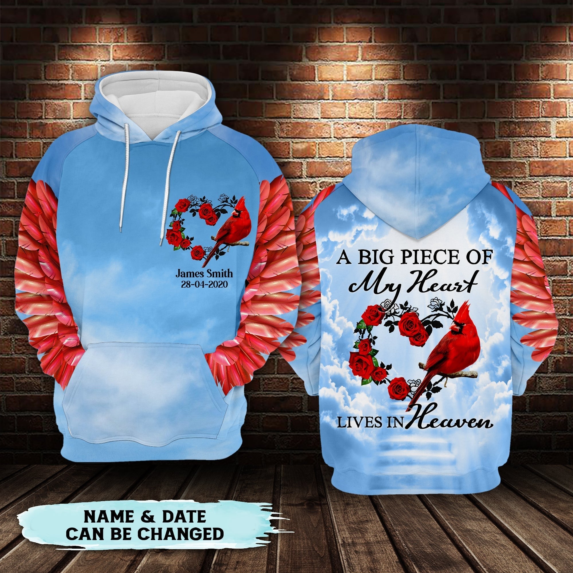 Cardinal Roses Heart A Big Piece Of My Heart Lives In Heaven – Personalized All Over Print Hoodie