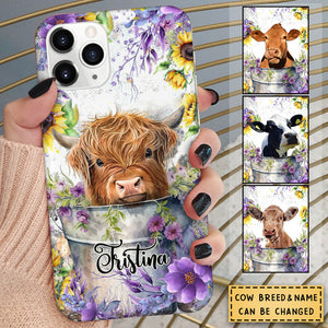Flower Baby Highland Cow In Bucket Love Cow Cattle Farm Personalized Phone Case