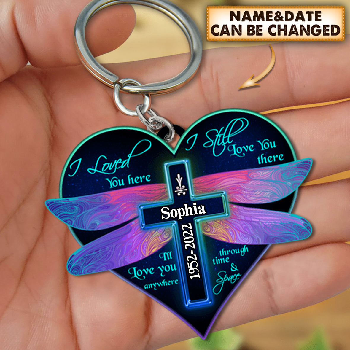 Heaven I Love You Here Personalized Memorial Heart Dragonfly Keychain